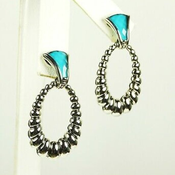 LAGOS Venus Link Oval Fluted Sterling Silver 18K Gold Post Turquoise Earrings - Picture 7 of 10